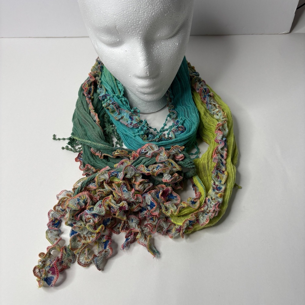 Boho Multi-Color Green Teal Ruffle Crochet Tassel Scarf Festival Fairy Grunge